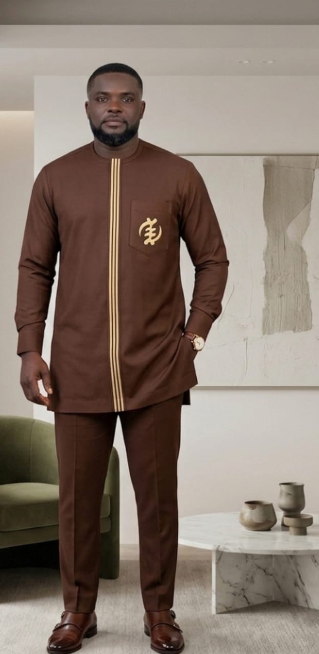 Men’s Chocolate Brown Kaftan Set – Gold Adinkra Embroidery