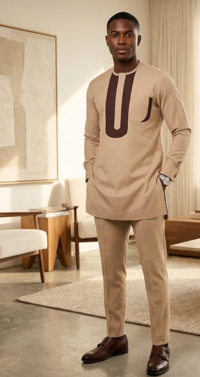 Men’s Two-Piece Kaftan Set – Beige with Dark Brown Trim