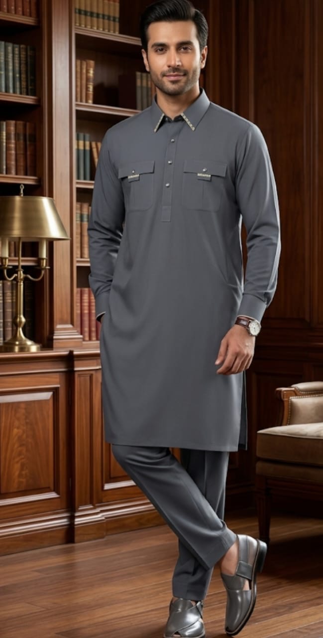 Men’s Charcoal Grey Kurta Kameez Set – Collared with Dual Pockets