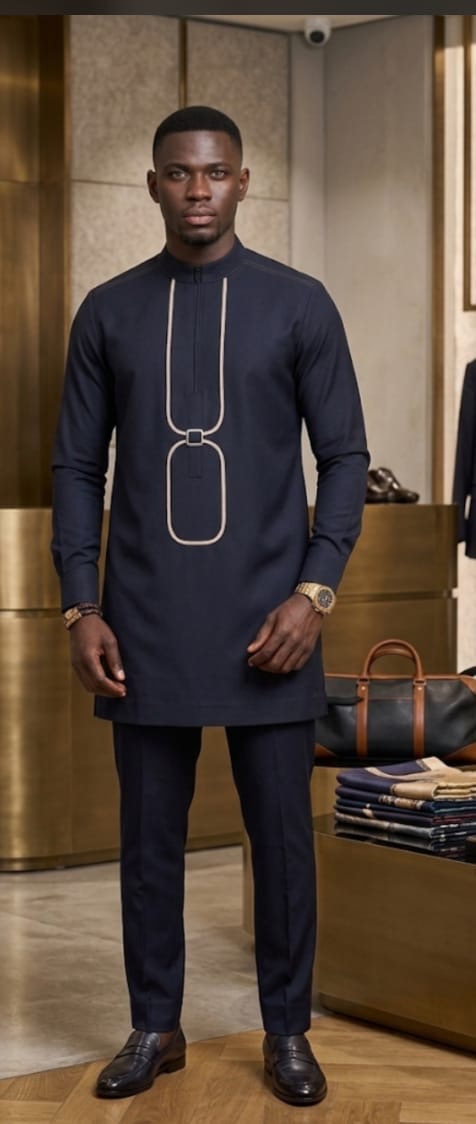 Men’s Navy Blue Kaftan Set – Cream Geometric Embroidery