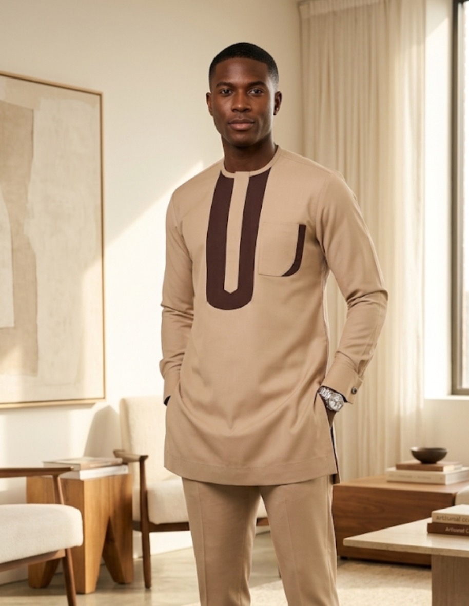Men’s Two-Piece Kaftan Set – Beige with Dark Brown Trim thumbnail 2