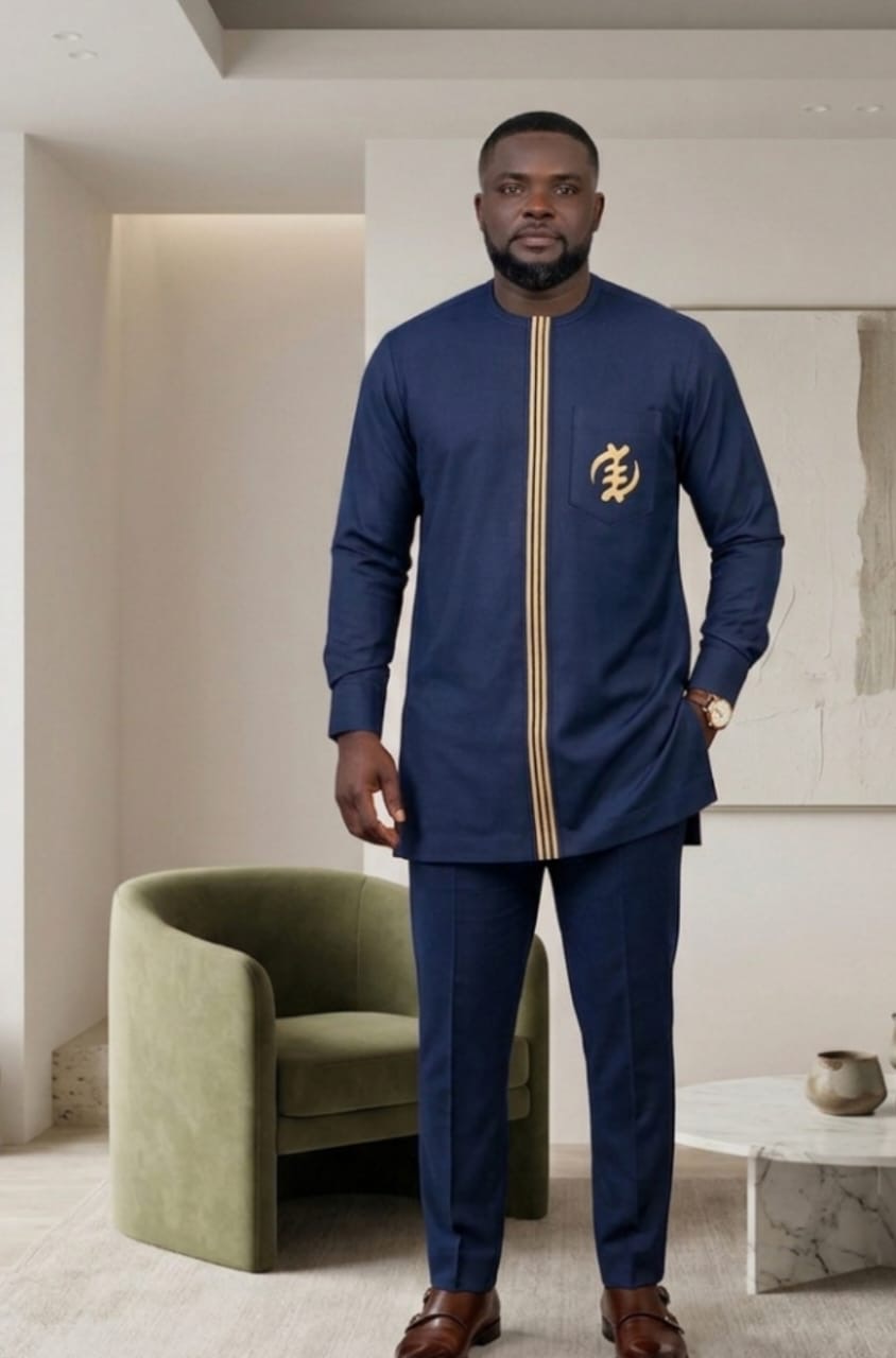 Men’s Chocolate Brown Kaftan Set – Gold Adinkra Embroidery thumbnail 2