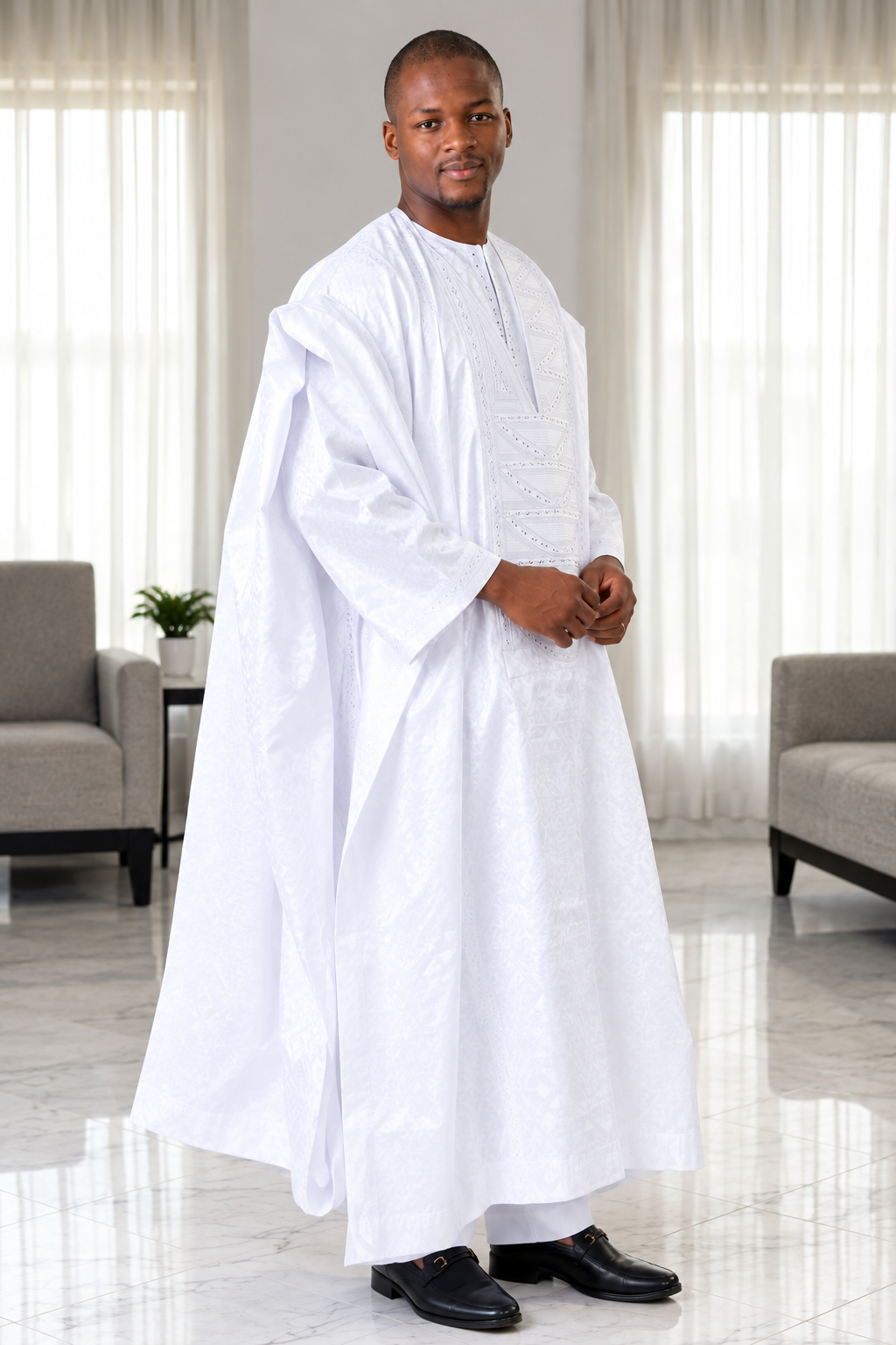 Elegant White Embroidered Agbada for Men thumbnail 2