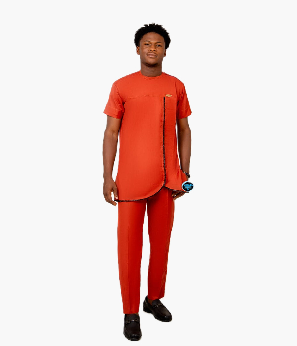 Men's Rust Orange Minimalist Kaftan Set with Zipper Accent