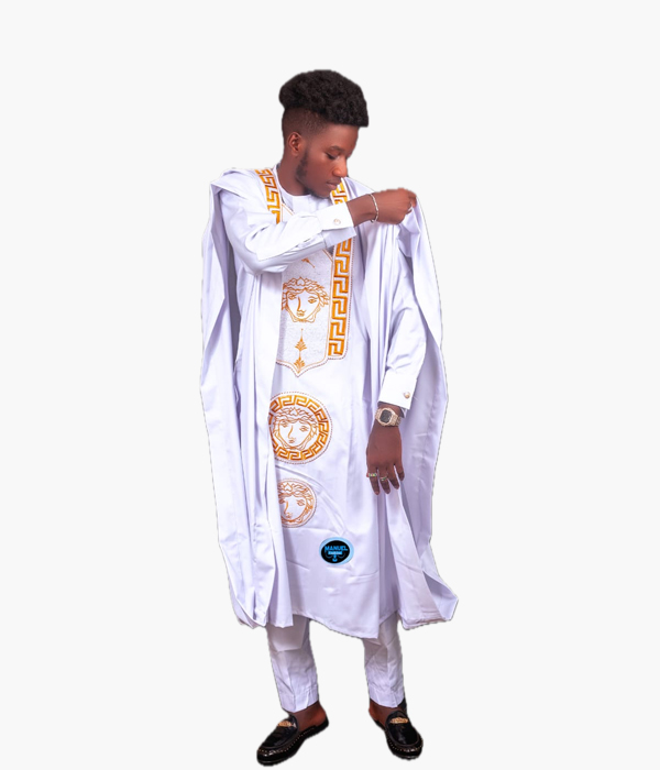 Men's White Agbada Set with Gold Medallion Embroidery
