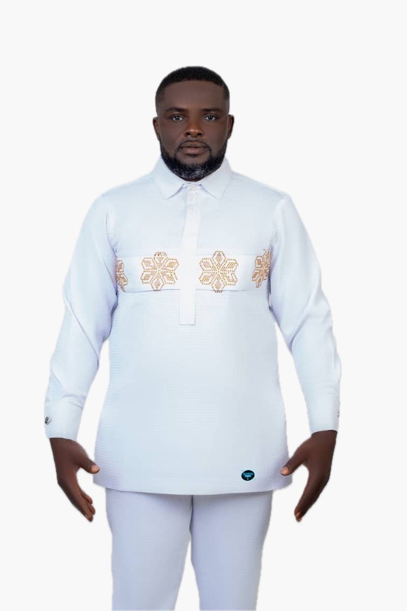 Men's White Kaftan Set with Gold Snowflake Embroidery